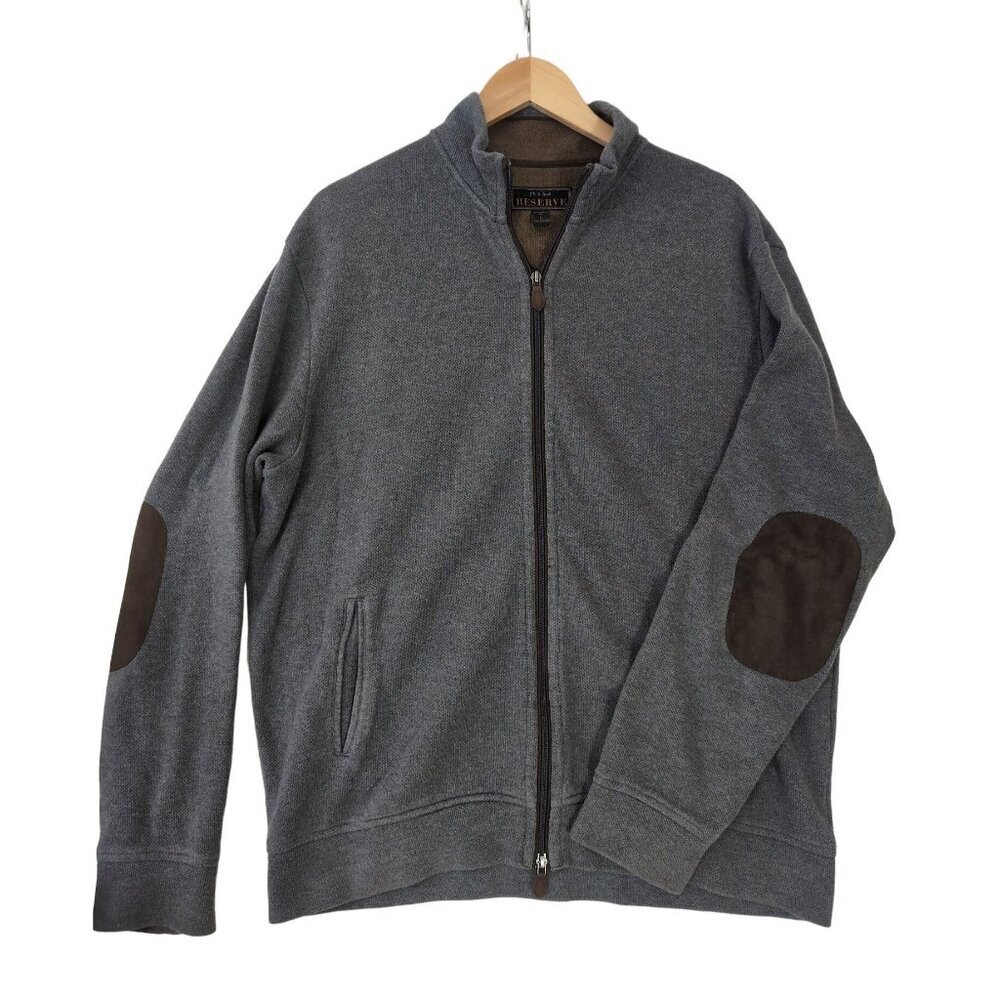 Jos A Bank Reserve Cardigan Sweater Mens L Gray Full Zip Elbow‎ Patch Dad
